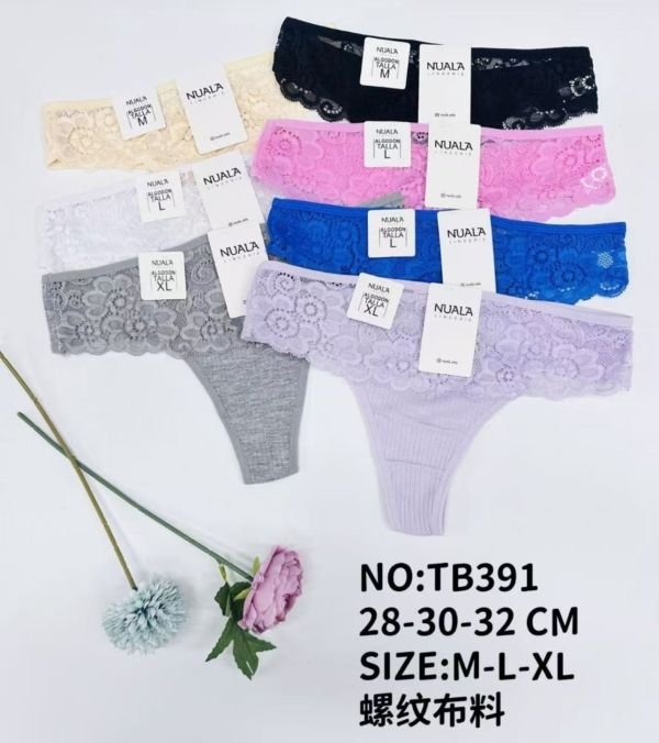 Жіночі труси /стрінги "NUALA" New ТВ-391 cotton, р. М, L, XL -(42-44, 44-46, 46-48) -асорті -(Однотонні в рубчик з мереживом) -уп. 12 шт
