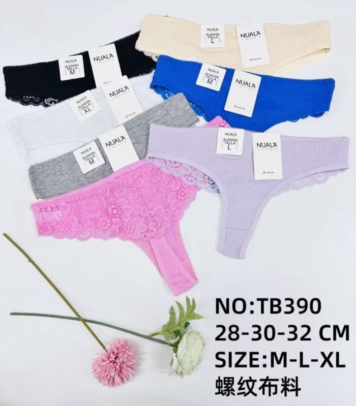 Жіночі труси /стрінги "NUALA" New ТВ-390 cotton, р. М, L, XL -(42-44, 44-46, 46-48) -асорті -(Однотонні в рубчик з мереживом) -уп. 12 шт