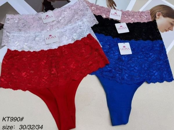 Жіночі труси /стрінги "LEONA " New КТ-990 cotton, р. 48, 50, 52 -асорті -(Однотонні з мереживом) -уп. 12 шт