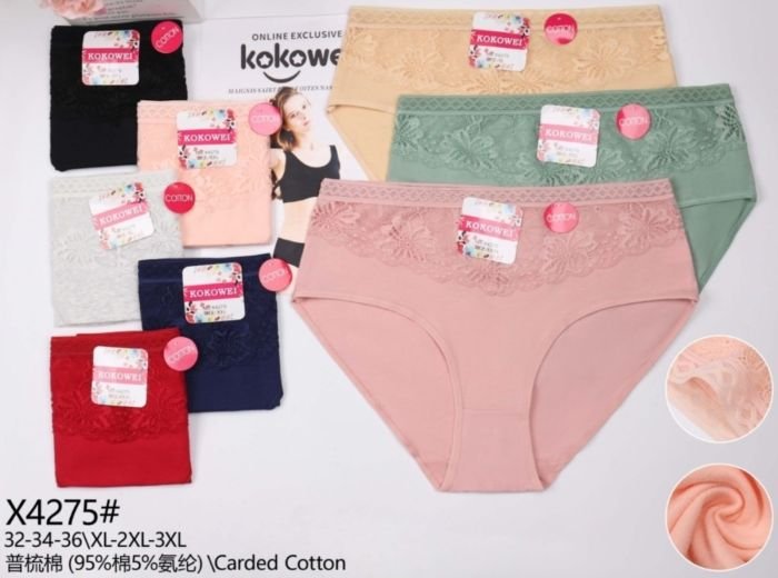 Жіночі труси "Kokowei" New Х-4275 cotton, р. XL, 2XL, 3XL -(48, 50, 52) -асорті -(Однотонні з мереживом) -уп. 12 шт
