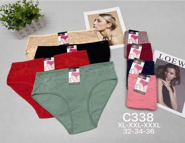 Жіночі труси "YIYI LUCKY" С-338 cotton, р. XL, 2XL, 3XL -(48, 50, 52) -асорті -(Однотонні з мереживом) -уп. 12 шт