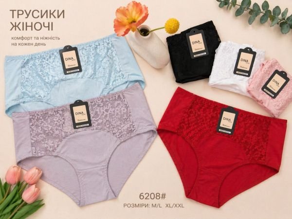 Жіночі труси "DINA Rose" 6208 шовковисті нейлонові, р. M/L, XL/2XL -(46-48, 48-50) -асорті -(однотонні +спереду гіпюрова вставка) -уп. 12 шт