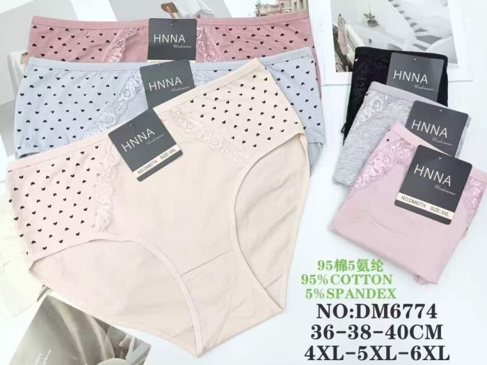 Жіночі труси "HNNA" DM-6774 cotton, р. 4XL, 5XL, 6XL -(50-52, 52-54, 54-56) -асорті -(Однотонні +з боків на вставках дрібні серця) -уп. 12 шт