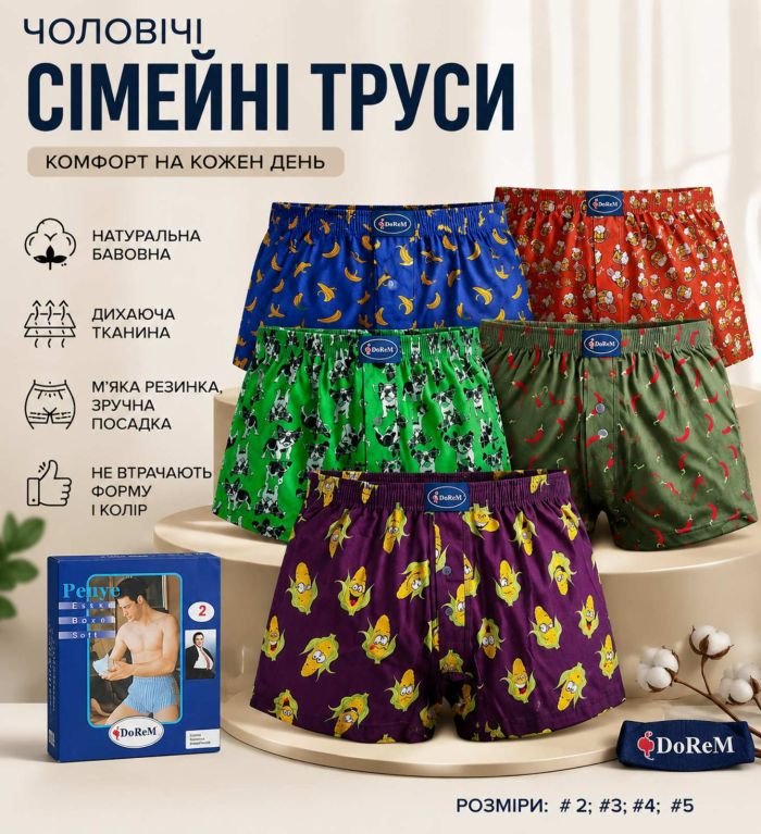 Сімейні труси чоловічі "ДОРЕМІ" 648-К кольоровий мікс бавовняні з ґудзиками, р. 2, 3, 4, 5 -випадковий мікс забарвлень -(уп. 12 шт)