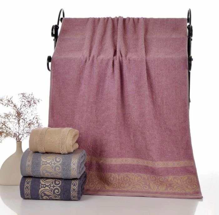 Рушник 856-72 банний cotton -махра, р. 140*70 -уп. 8 шт -(Однотонні +вставка із золотим орнаментом із завитків -баня)