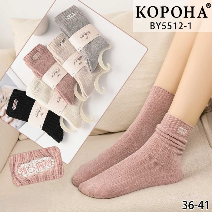 Шкарпетки "Корона" ВY-5512-1 панда вельвет жіночі, р. 36-41 -асорті -(Однотонні +у широкий рубчик +на гумці вишивка "HAPPY") -уп. 10 шт