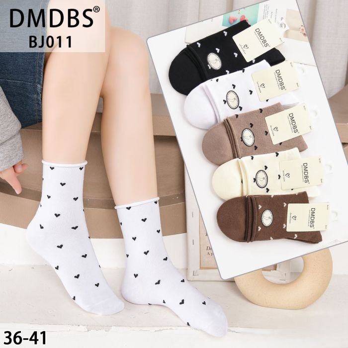 Шкарпетки "DMDBS" BJ-011 стрейч /cotton "з ослабленою гумкою +" жіночі, р. 36-41 -асорті -(Без резинки /високі -однотонні в дрібні серця  із закрученим верхом) - уп. 10 шт