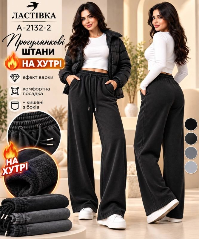 Прогулянкові штани "Ластівка" А-2132-2 трикотажні на хутрі з ефектом варки та потертостей, з прямим низом, верх на резинці +з боків кишені, р. 5XL-(46-48), 6XL-(48-50), 7XL-(50-52), 8XL-(52-54), 9XL-(54-56), 10XL-(56-58) -(чорно-сірий мікс)