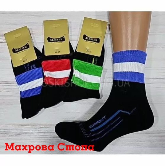 Шкарпетки Житомир "Master" 3020 безшовні напівмахрові /з махровою стопою чоловічі, р. 27-29 -(чорні +яскраві /широкі смужки на резинці +sprint-махрова підошва)